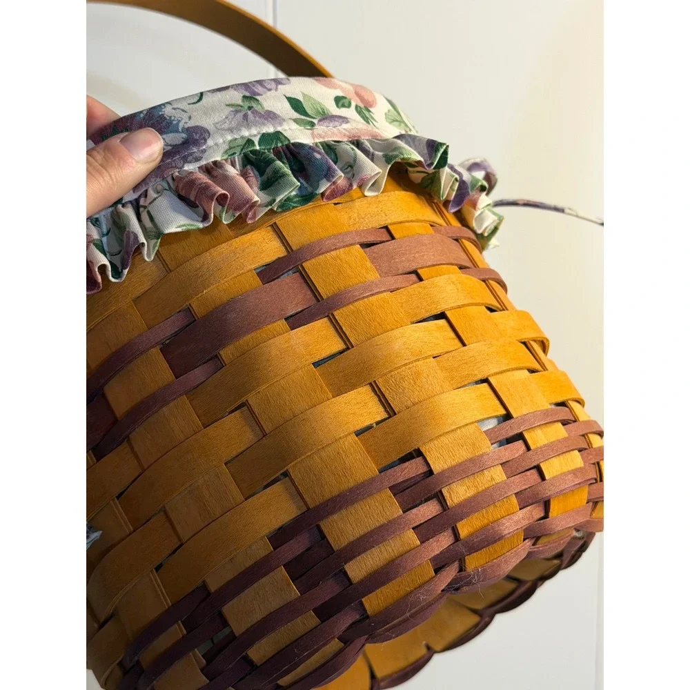 VTG Longaberger 96' May Series Sweet Pea Basket Brown Floral Liner Ceramic TieOn